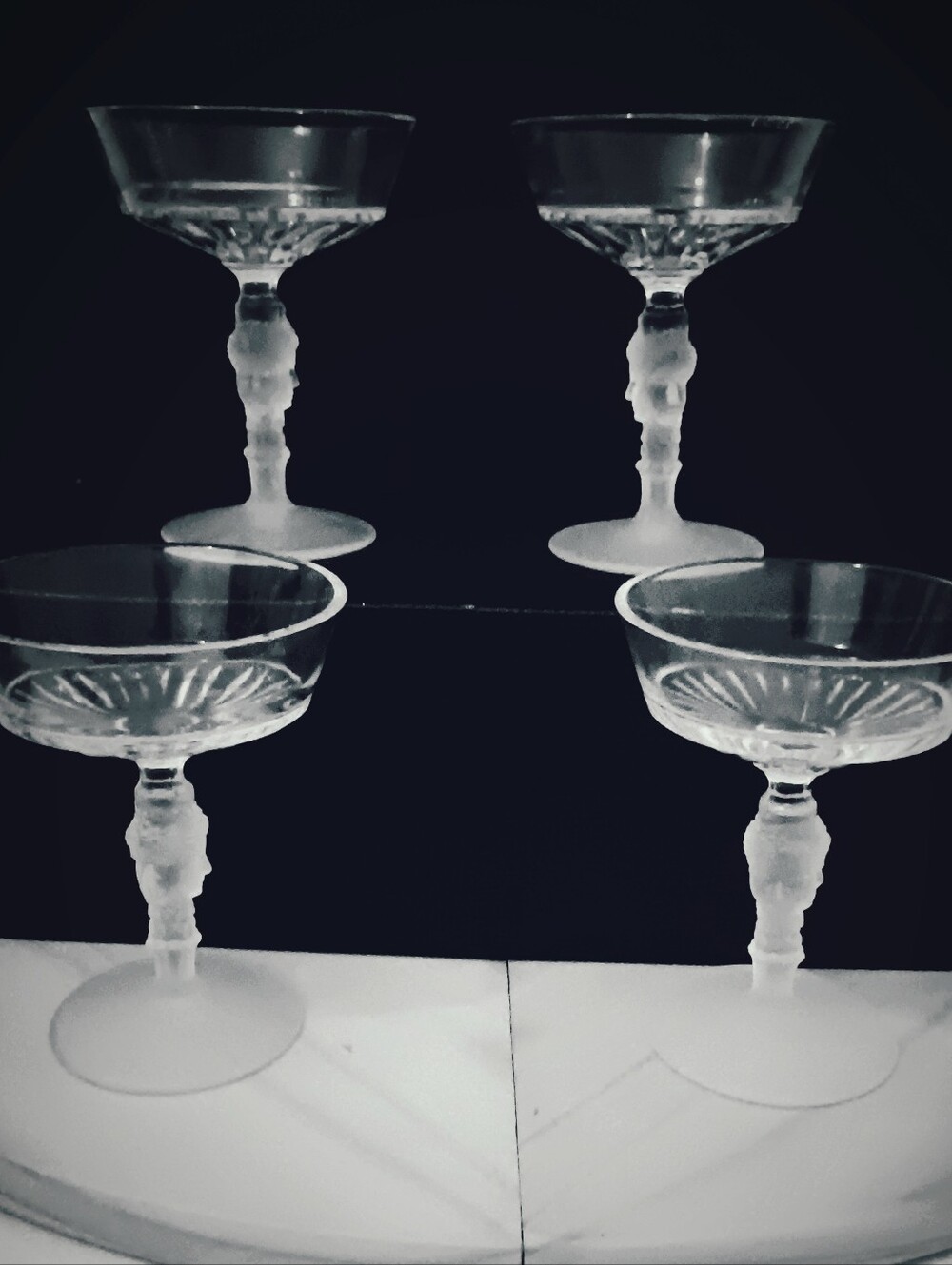 MMA Champagne Glasses with 3 FACES on Frosted Glass Pedestal Set Of 4 - Picture 7 of 11